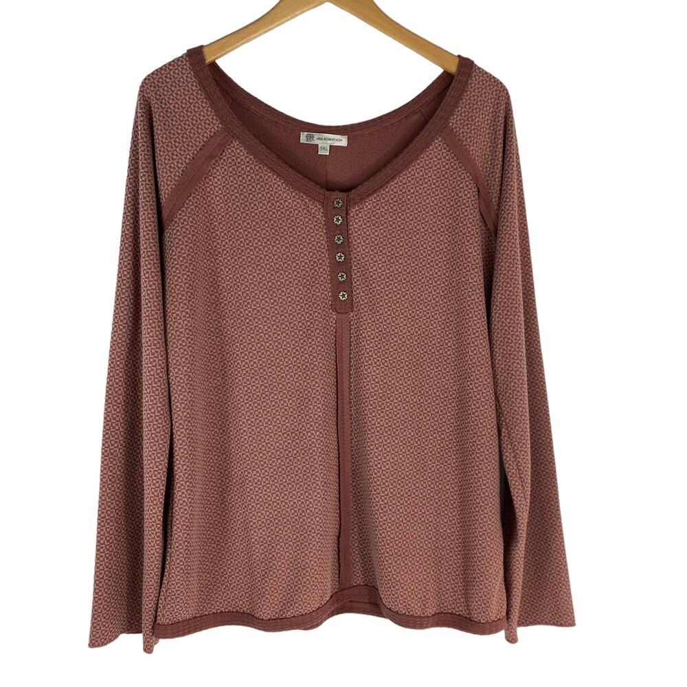 Lisa Robertson Raw Edge Henley Knit Pullover Top Women‎ 1XL Dusty Rose Boho